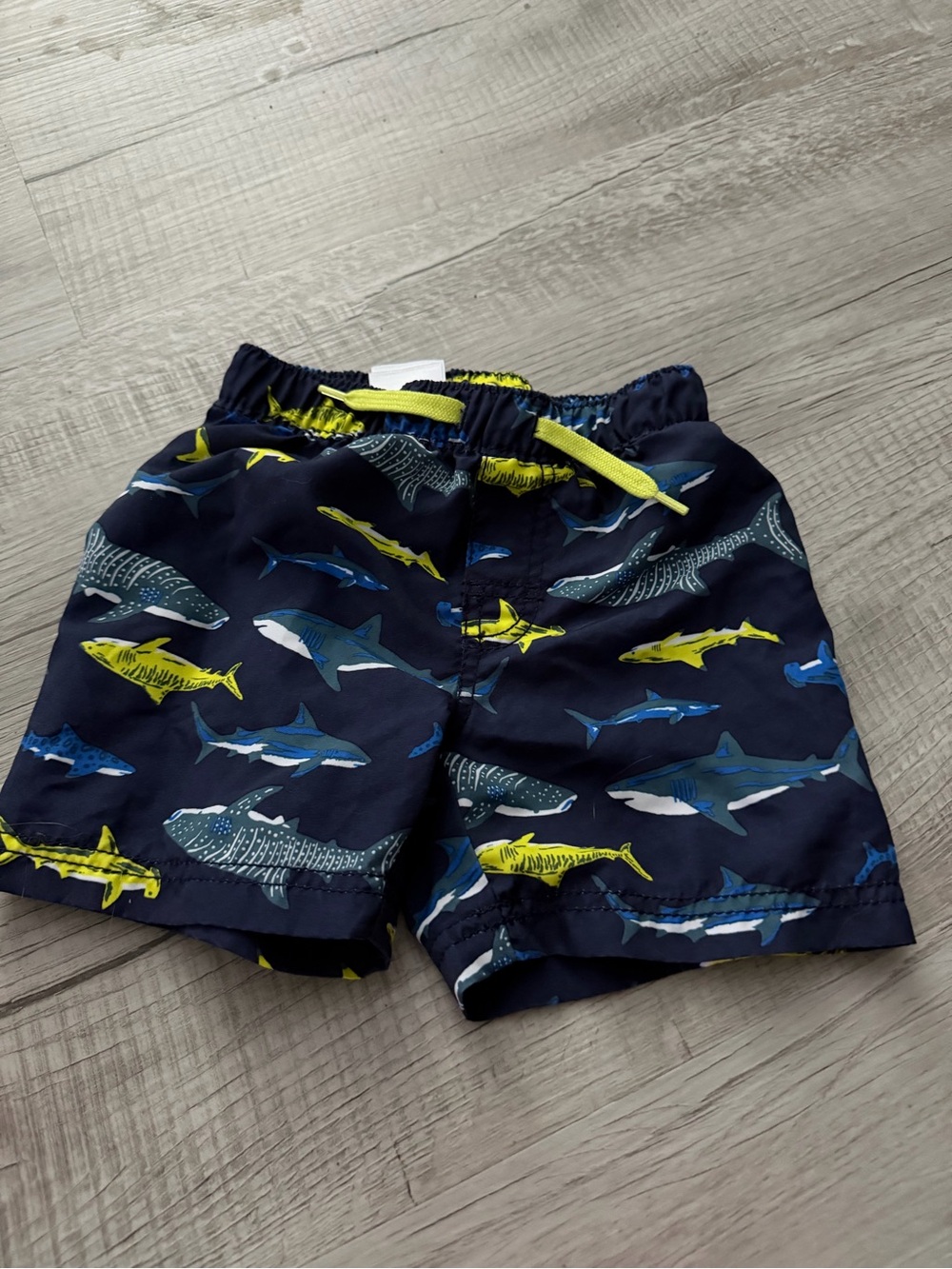 Kids Navy Shark Print Swim Shorts with Yellow Drawstring